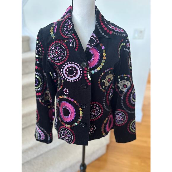 Vintage Y2K Susan Bristol Black Velvet Embroidered Pink Sequin Polka Dot Jacket - Picture 1 of 7